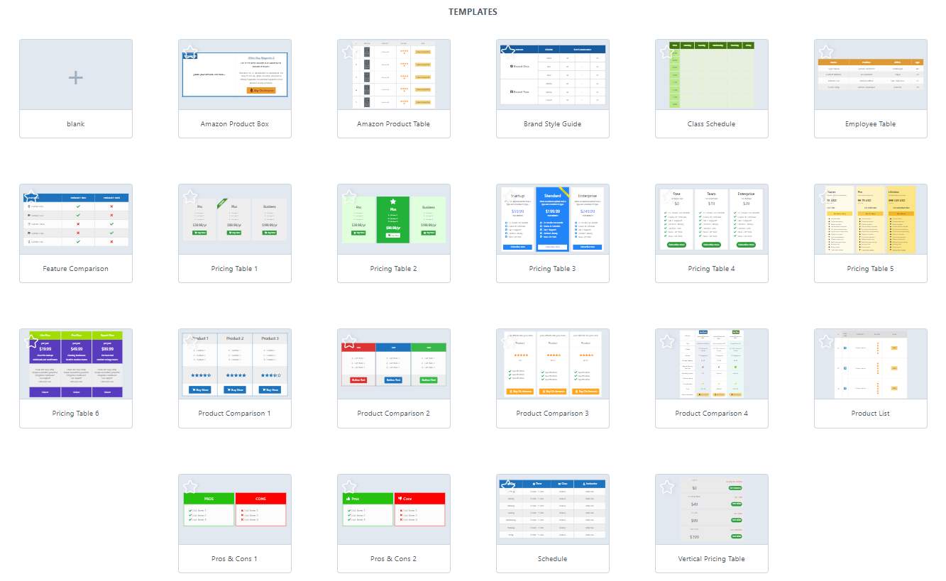 wp table builder templates