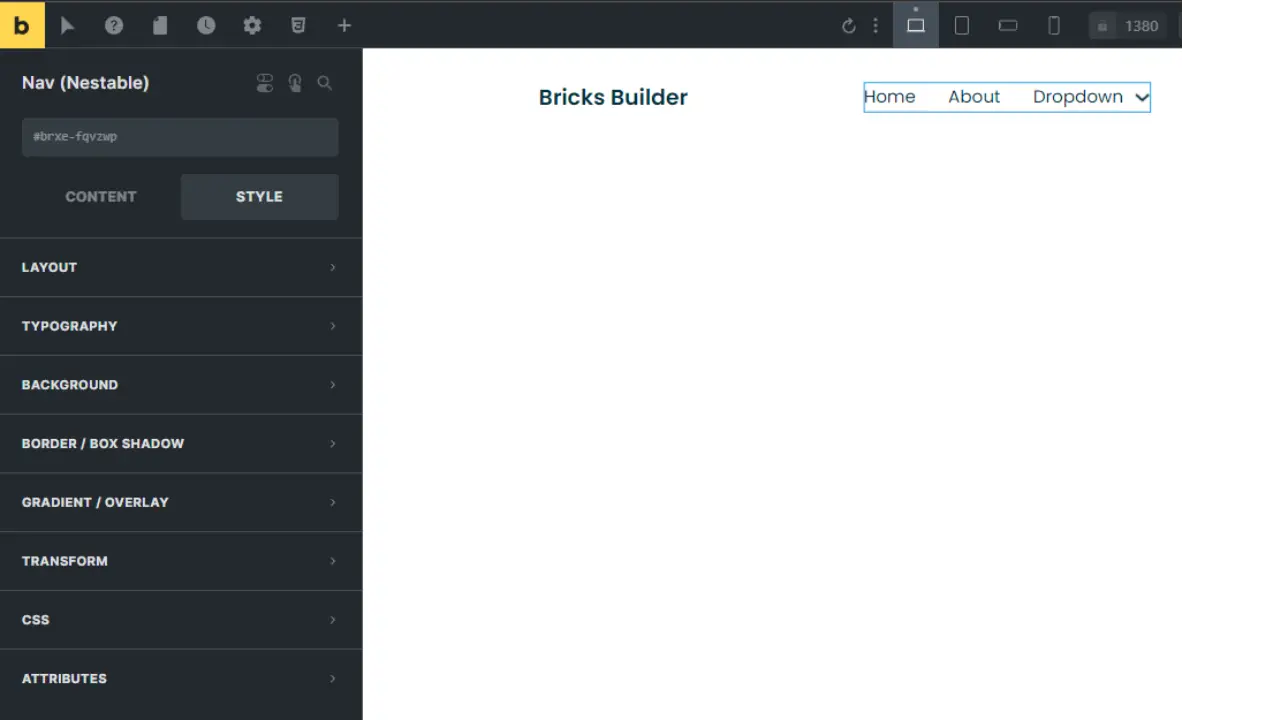 Bricks Builder app showcasing customization options for the Navigation element, allowing adjustments to layout, colors, fonts, and Mega Menus settings.